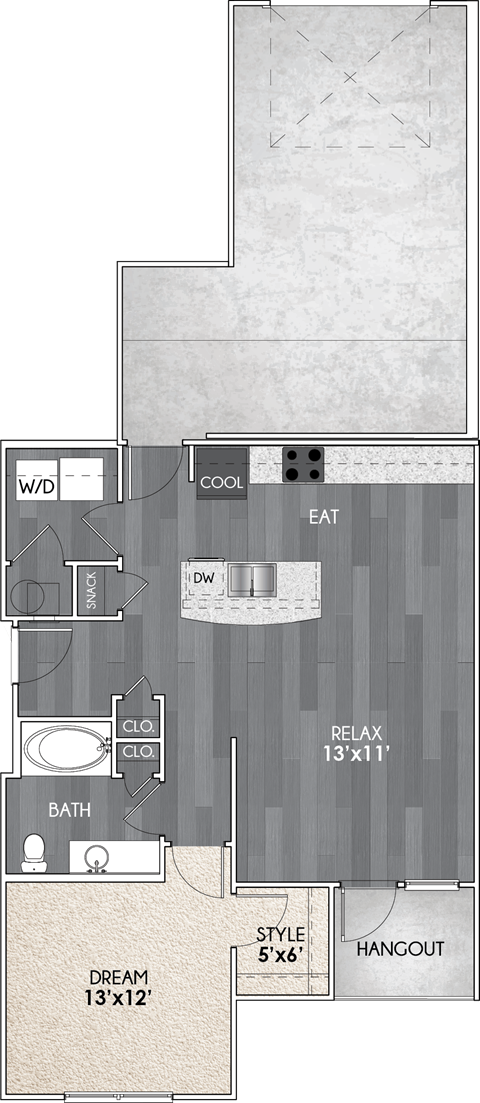 Floor plan for 1 bed, 1 bath, 838 sqft